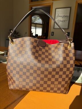 Louis Vuitton Brown Damier Shoulder Bag with Red Interior